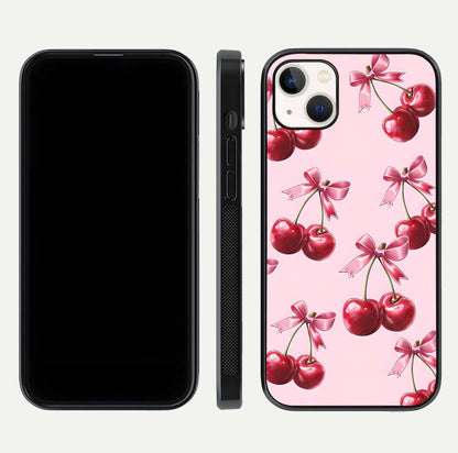 Red Cherries Pattern Glass Case for iPhone 14 Plus front & back layout highlighting vibrant fruit print and edges