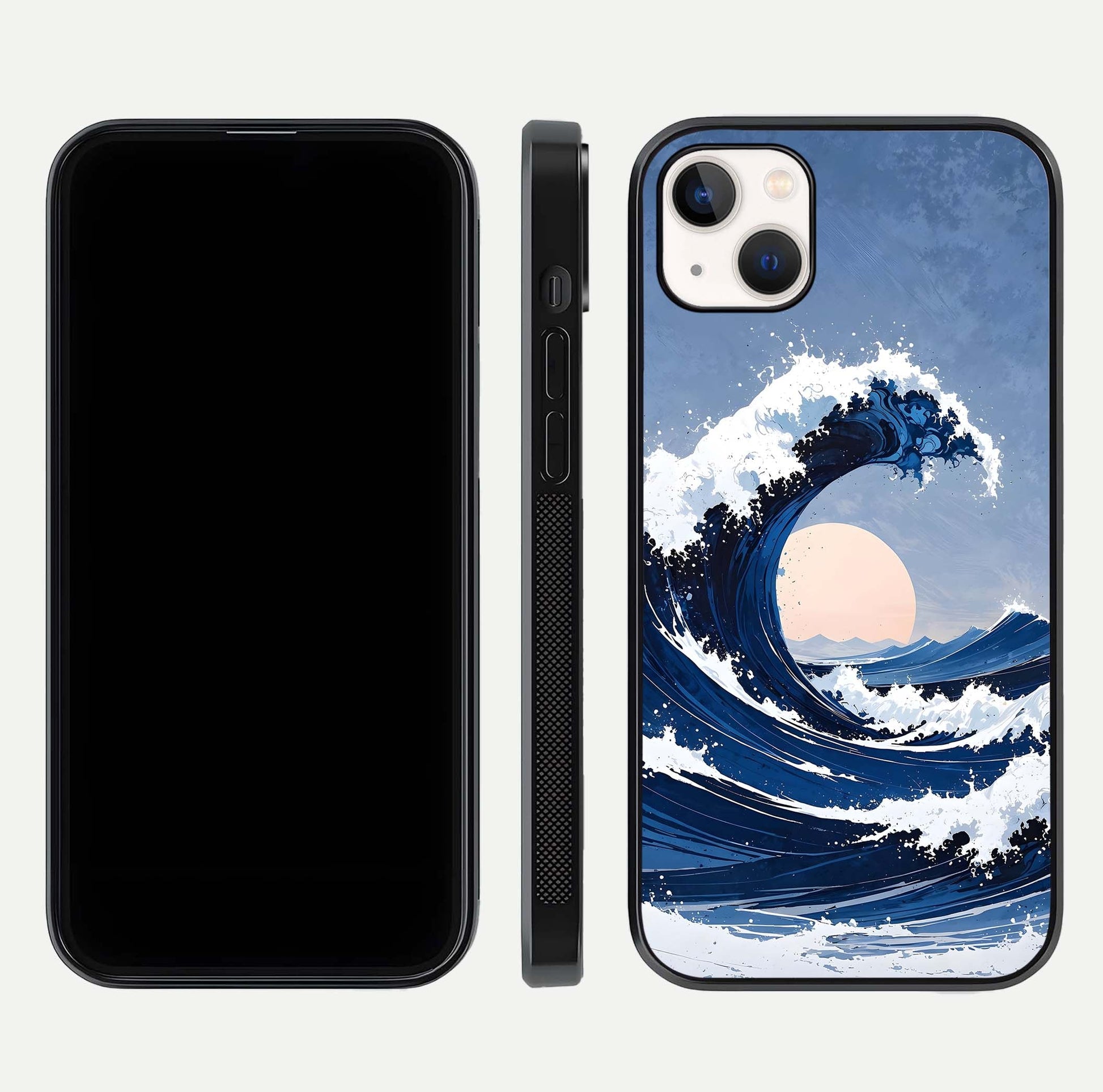 Rising Tide Power Glass Case for iPhone 14 Plus front & back layout showing ocean design and smooth glass edge