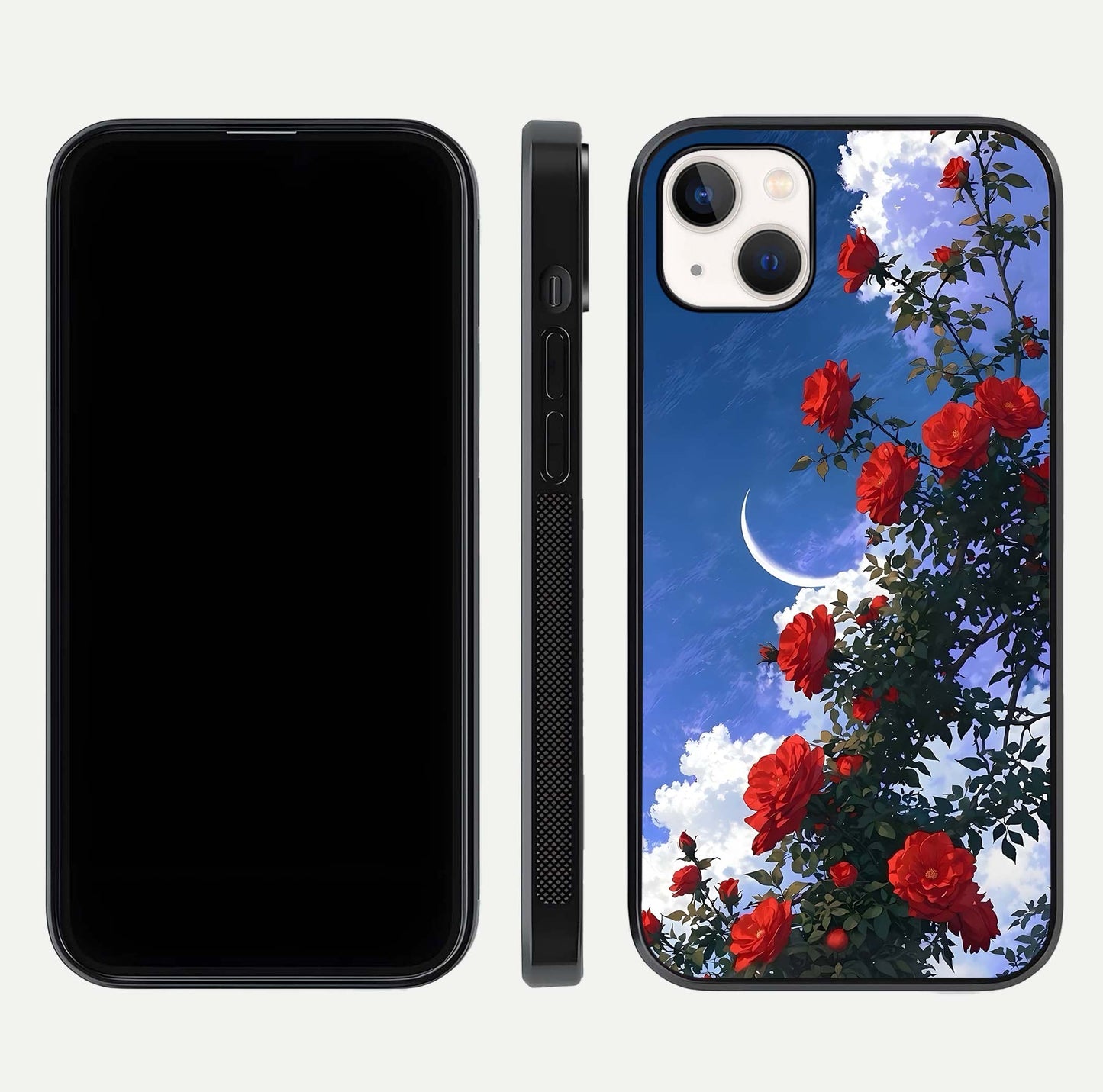 Rose Drift Flowers Glass Case for iPhone 14 Plus front & back layout showing rose gradient tones and edges
