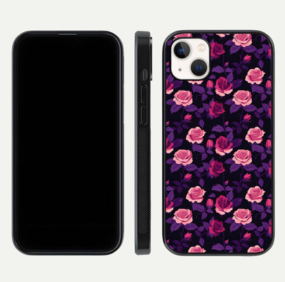 Rose Garden Twilight Glass Case for iPhone 14 Plus front & back layout showing rich twilight tones and edges