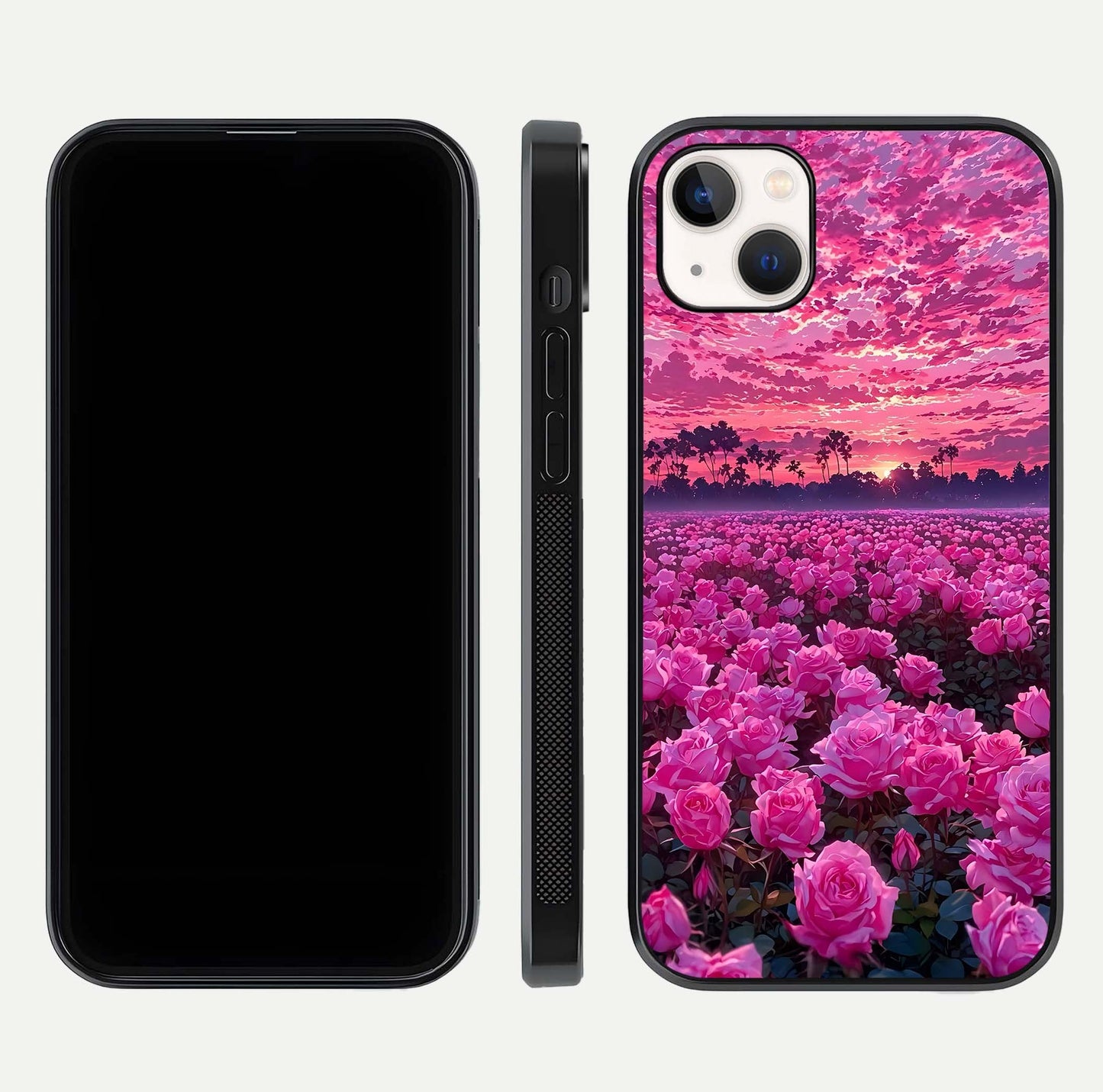 Rose Sunset Valley Glass Case for iPhone 14 Plus front & back layout highlighting gradient tones and glass shine