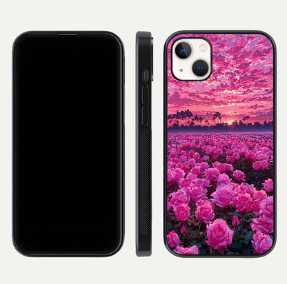 Rose Sunset Valley Glass Case for iPhone 14 Plus front & back layout highlighting gradient tones and glass shine