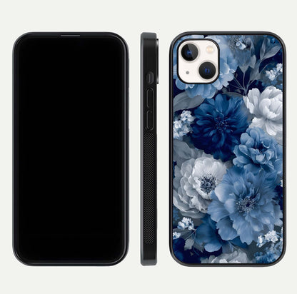 Royal Bloom Garden Glass Case for iPhone 14 Plus front & back layout showing soft tones and curved glass design