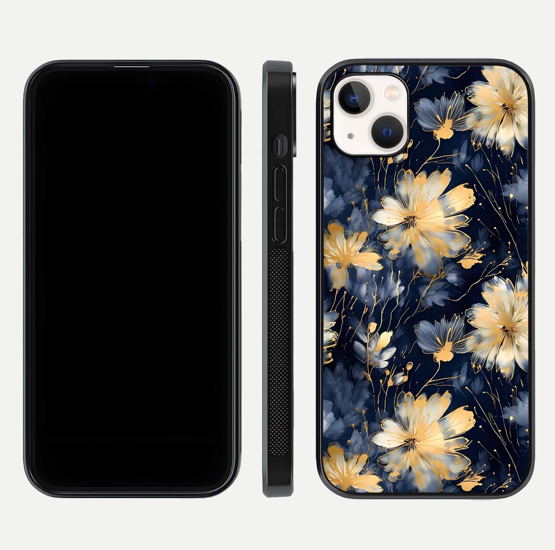 Royal Petal Dream Glass Case for iPhone 14 Plus front & back layout showing floral pattern and clean edge finish