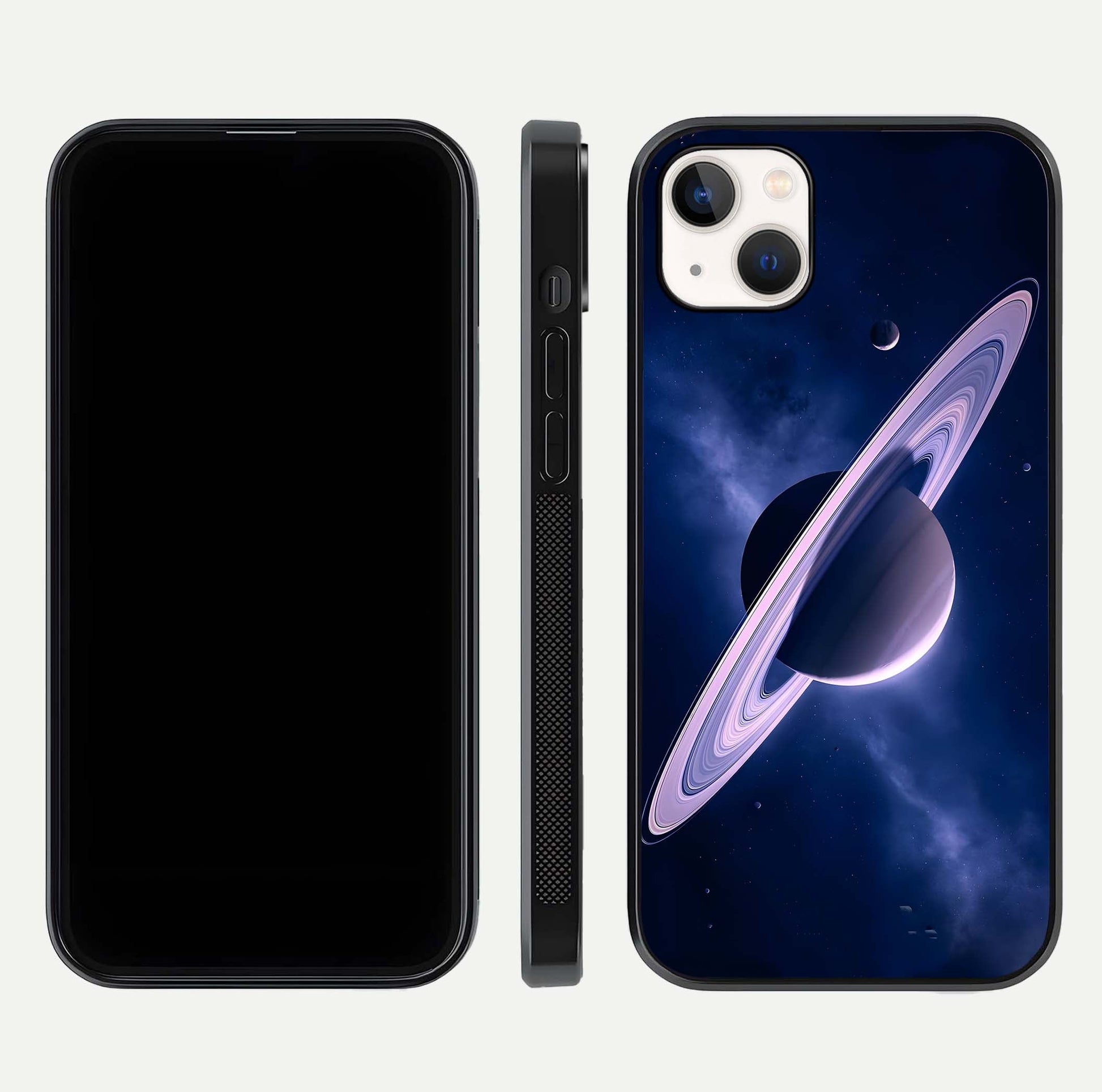 Saturn Ring Mystique Glass Case for iPhone 14 Plus front & back layout showing cosmic tones and edge glow