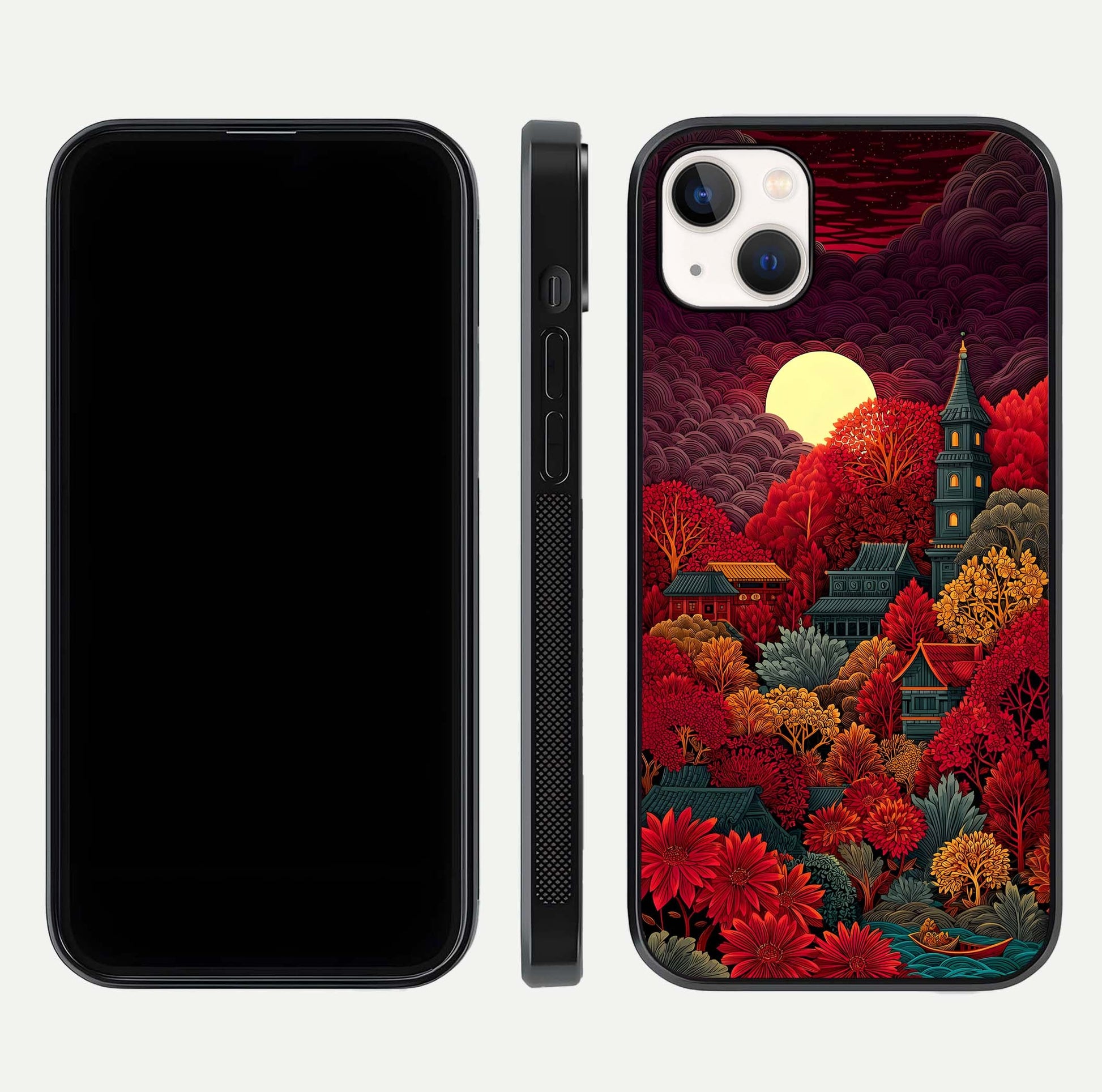 Scarlet Autumn Temple Glass Case for iPhone 14 Plus front & back layout showing scenic tones and curved edges