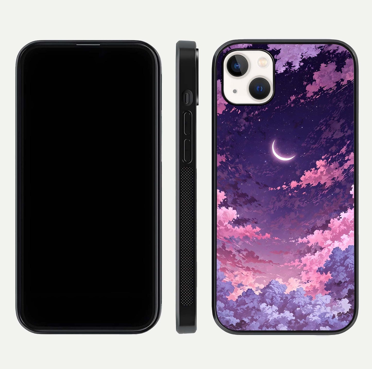 Sky Drift Clouds Glass Case for iPhone 14 Plus front & back layout showing sky tones and smooth edge design