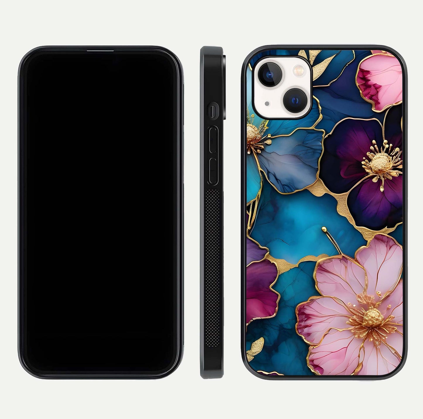 Sparkle Floral Glass Case for iPhone 14 Plus front & back layout showing floral print and edge clarity