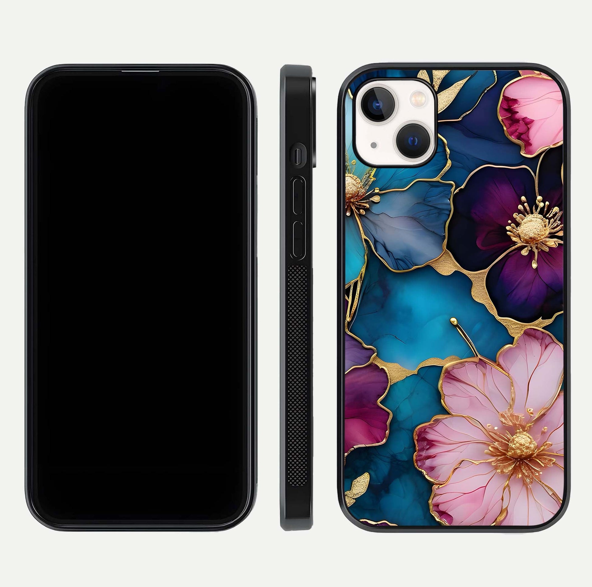 Sparkle Floral Glass Case for iPhone 14 Plus front & back layout showing floral print and edge clarity