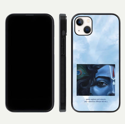 Spiritual Krishna Glass Case for iPhone 16 Pro front & back layout showing spiritual artwork and clean edge