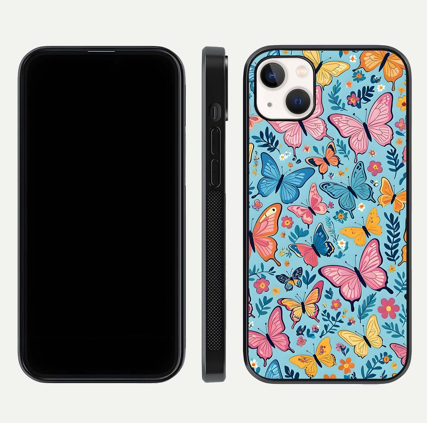 Spring Wing Garden Glass Case for iPhone 14 Plus front & back layout showing soft tones and elegant glass design