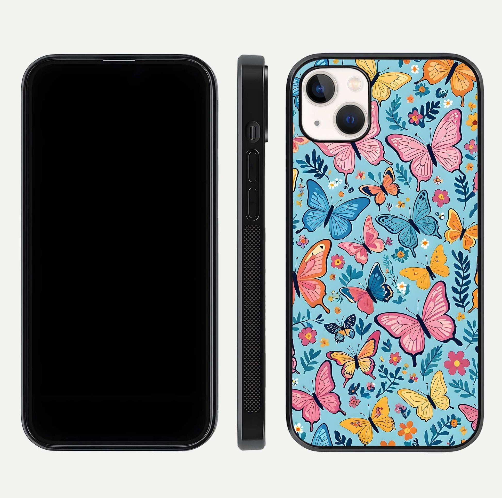 Spring Wing Garden Glass Case for iPhone 14 Plus front & back layout showing soft tones and elegant glass design