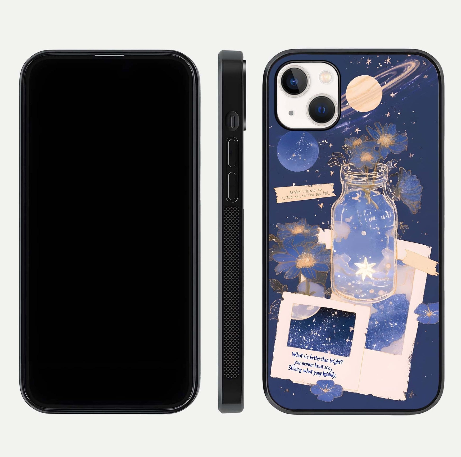 Starlit Cosmic Jar Glass Case for iPhone 14 Plus front & back layout showing cosmic pattern and curved glass edge
