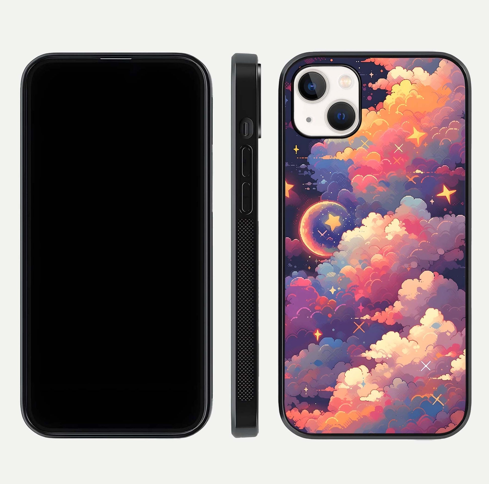 Starlit Dream Clouds Glass Case for iPhone 14 Plus front & back layout showing gradient tones and smooth edge