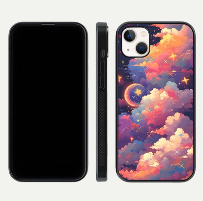 Starlit Dream Clouds Glass Case for iPhone 14 Plus front & back layout showing gradient tones and smooth edge