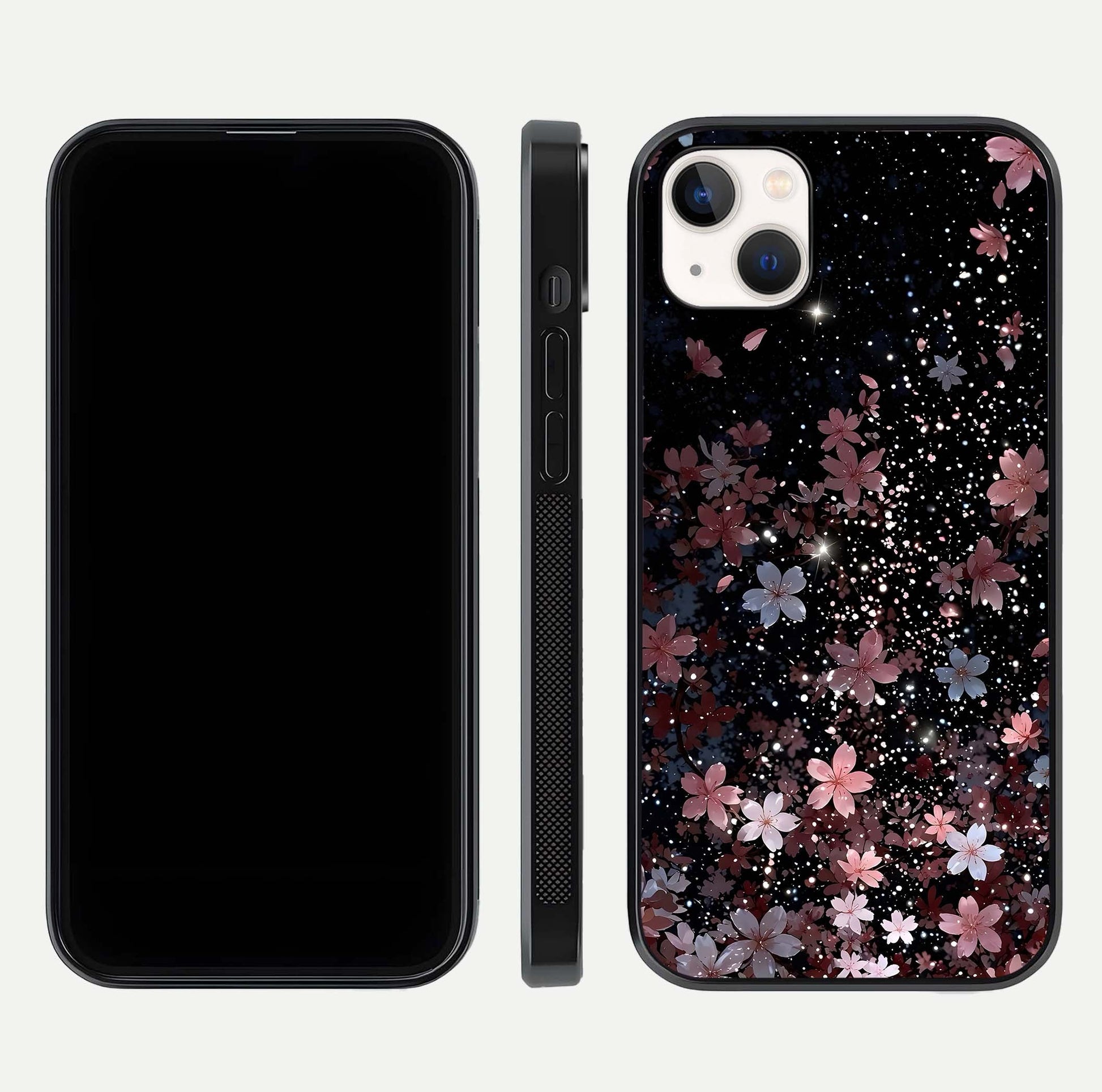 Starlit Flower Dreams Glass Case for iPhone 14 Plus front & back layout showing soft bloom design and curved edge