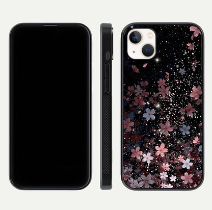 Starlit Flower Dreams Glass Case for iPhone 14 Plus front & back layout showing soft bloom design and curved edge
