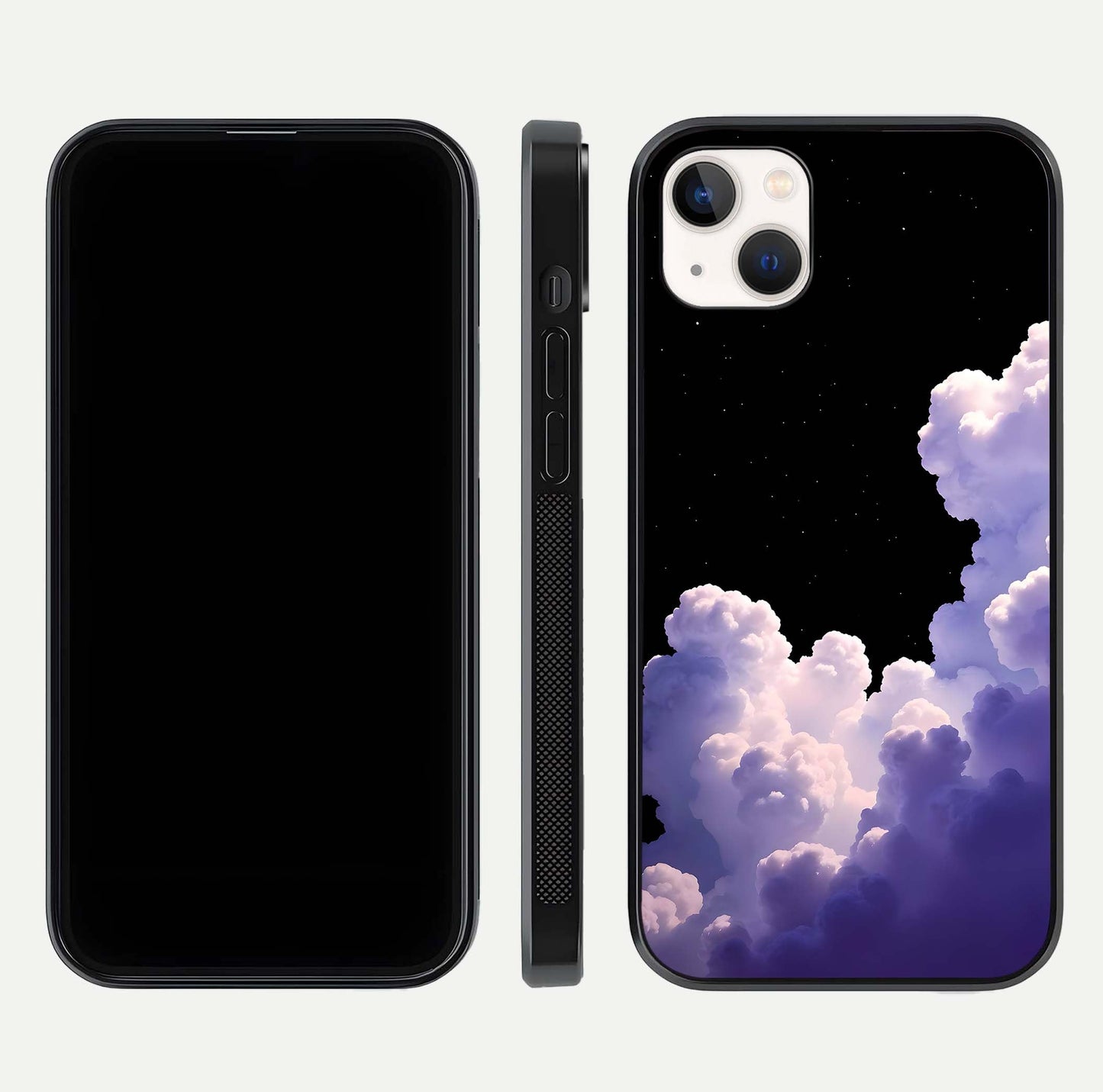 Starlit Night Whispers Glass Case for iPhone 14 Plus front & back layout showing moon tones and curved edges