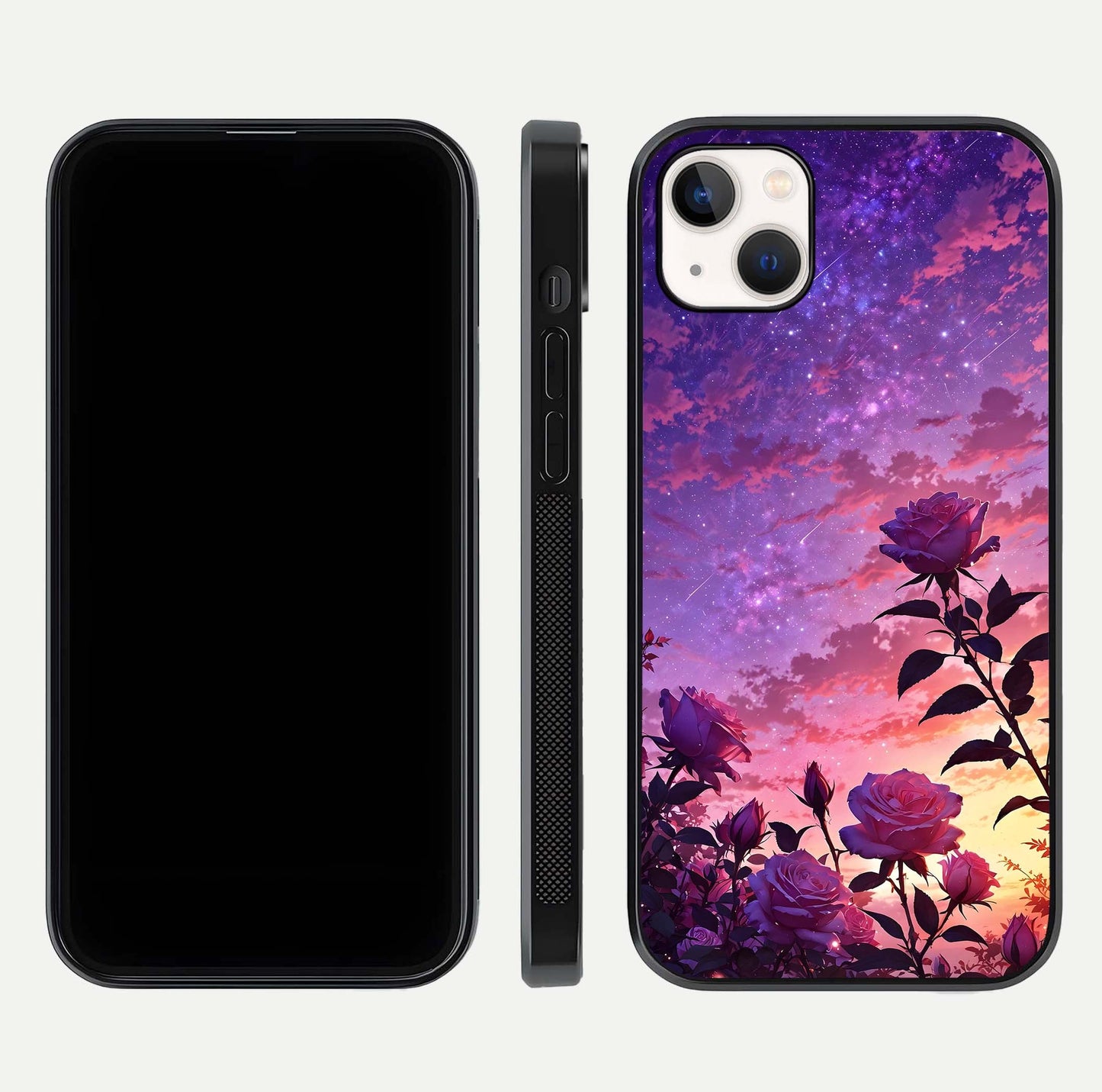 Starlit Rose Twilight Glass Case for iPhone 14 Plus front & back layout showing floral blend and glossy edge