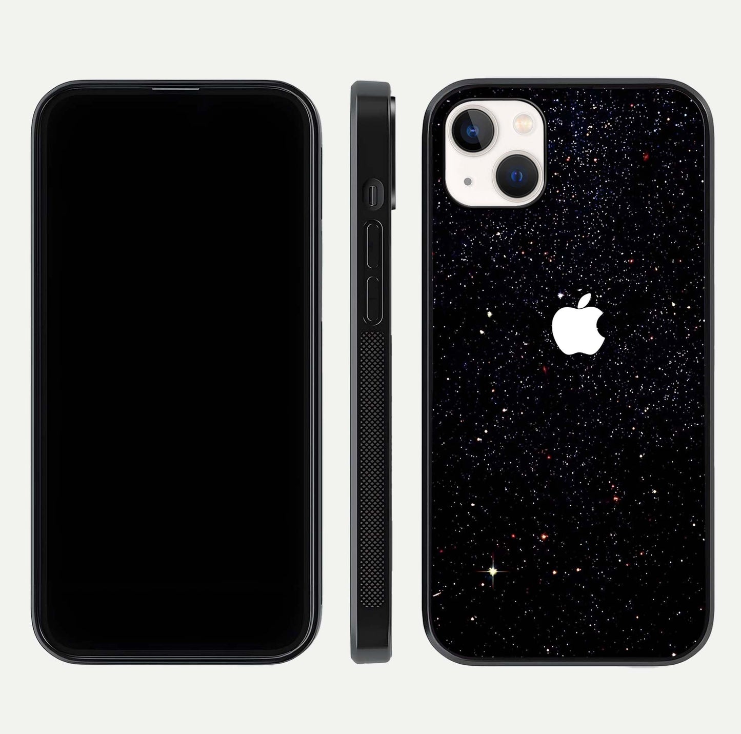 Starry Apple Galaxy Glass Case for iPhone 14 Plus front & back layout showing cosmic tones and sleek edge