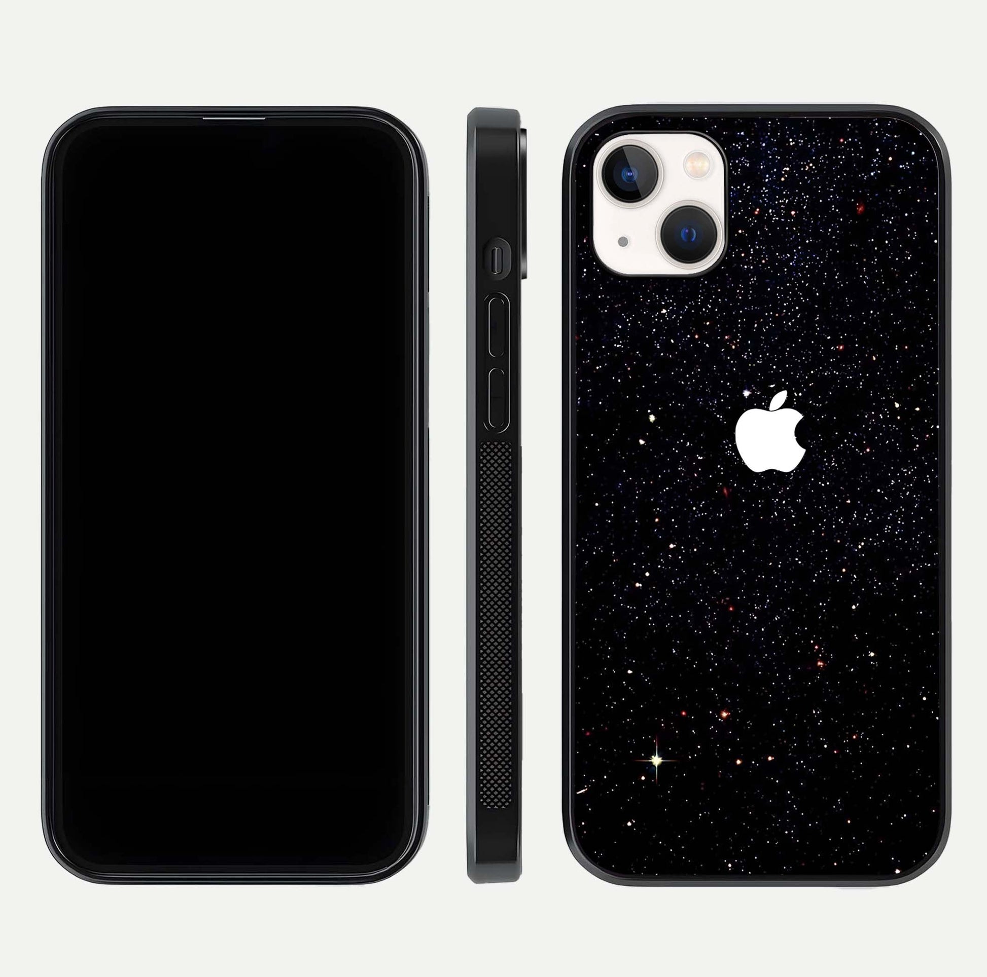 Starry Apple Galaxy Glass Case for iPhone 14 Plus front & back layout showing cosmic tones and sleek edge