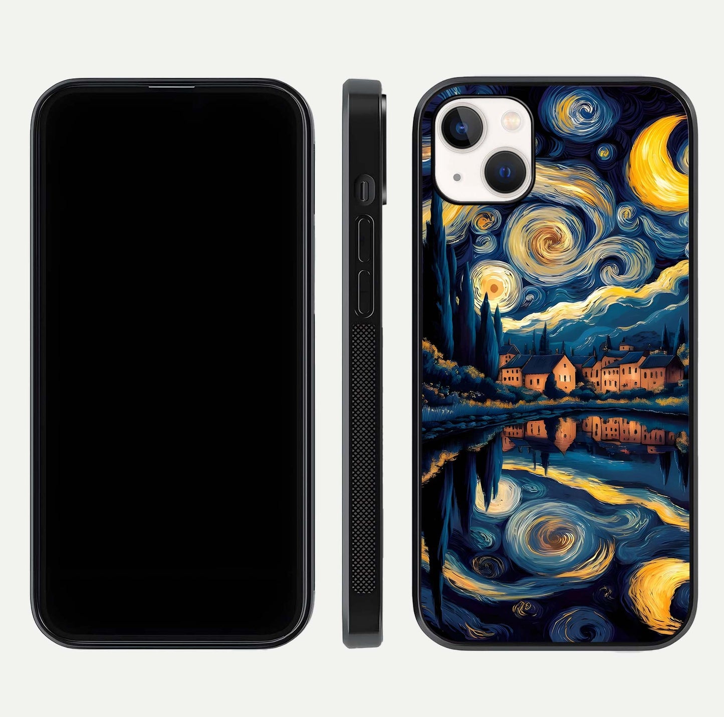 Starry Sky Serenity Glass Case for iPhone 14 Plus front & back layout showing stars and curved glass edges