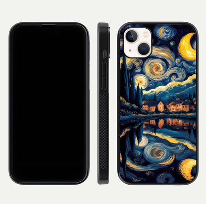 Starry Sky Serenity Glass Case for iPhone 14 Plus front & back layout showing stars and curved glass edges