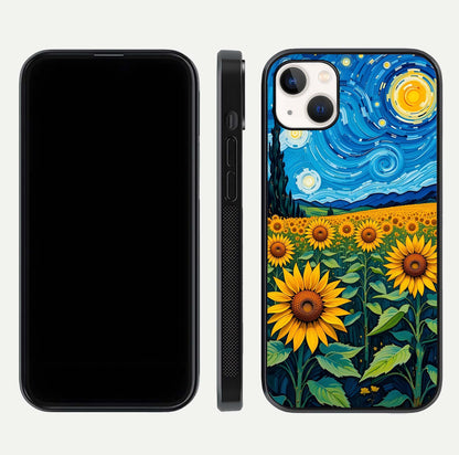 Starry Sunflower Dreams Glass Case for iPhone 14 Plus front & back layout showing floral blend and edge detail