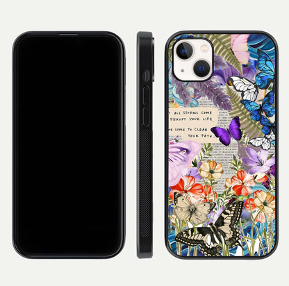 Storm Path Bloom Glass Case for iPhone 14 Plus front & back layout showing moody floral blend and edges