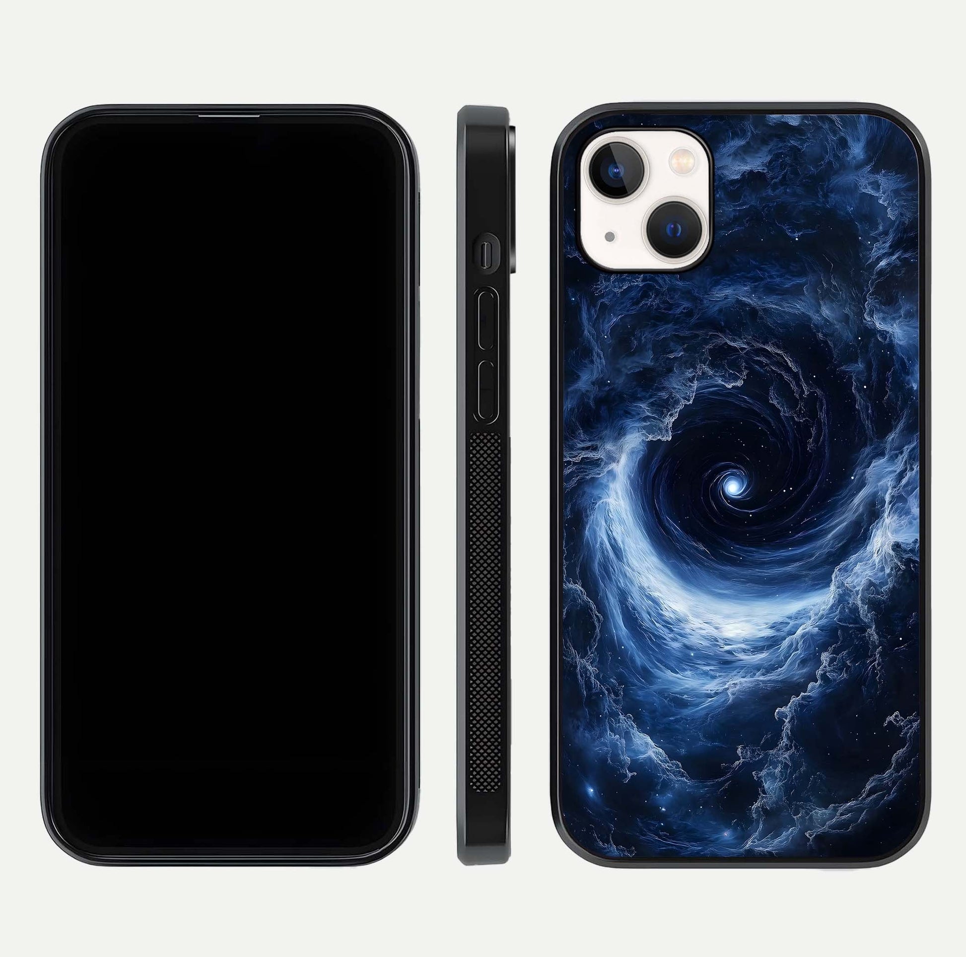 Stunning Galaxy Glass Case for iPhone 14 Plus front & back layout showing deep cosmic hues and clean edges