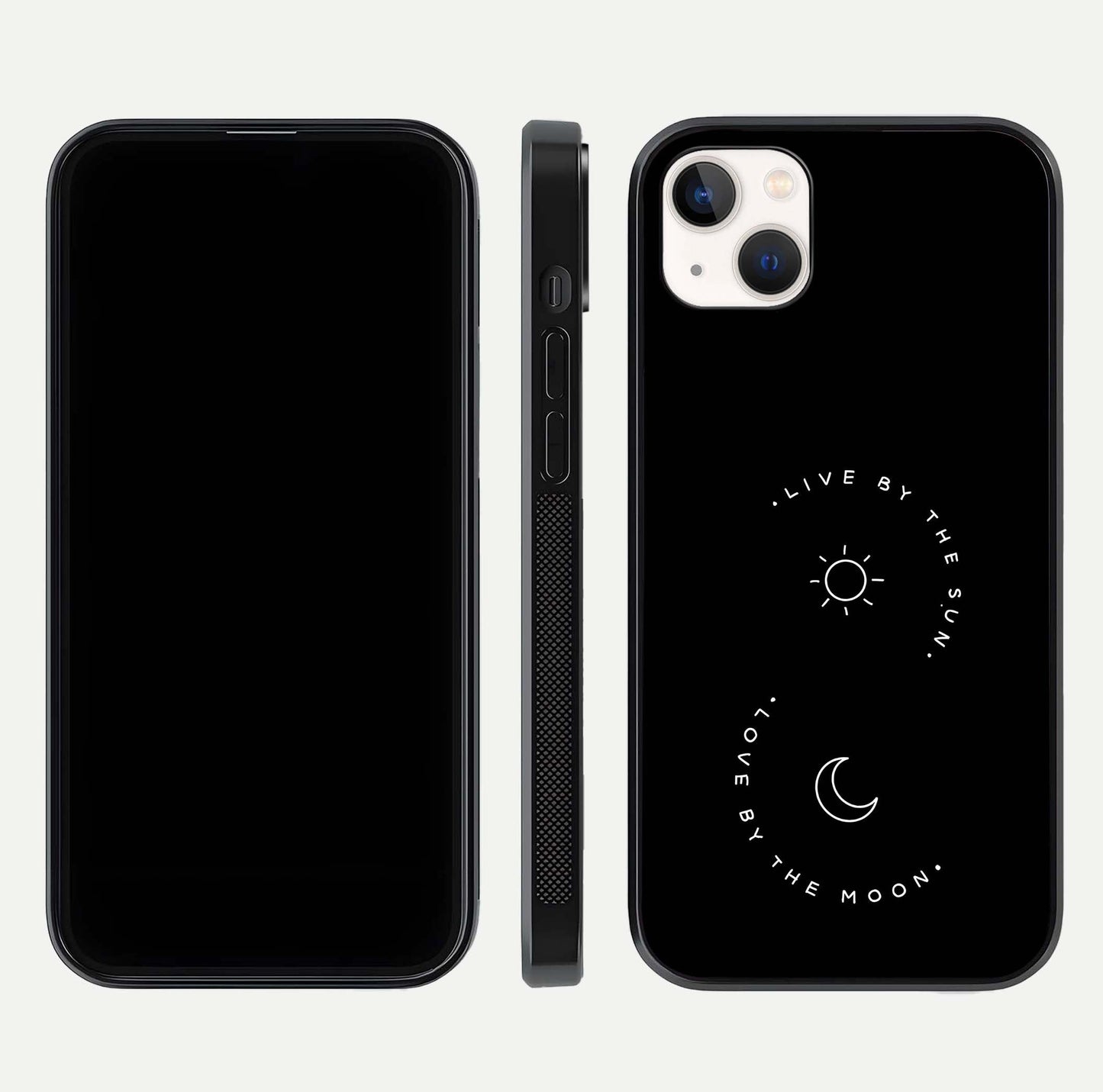 Sun Moon Balance Glass Case for iPhone 14 Plus front & back layout showing smooth gradient and balanced design