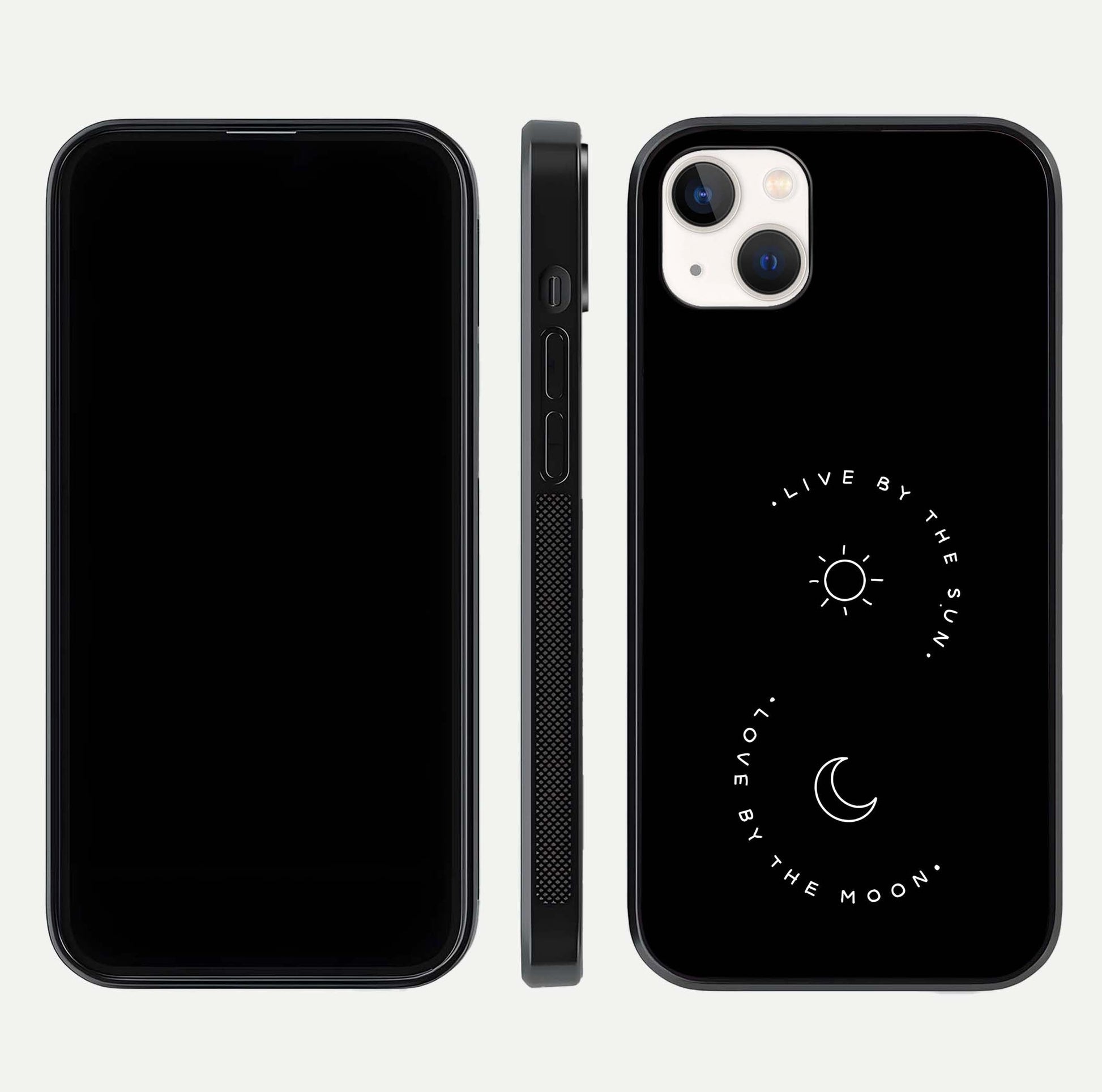Sun Moon Balance Glass Case for iPhone 14 Plus front & back layout showing smooth gradient and balanced design