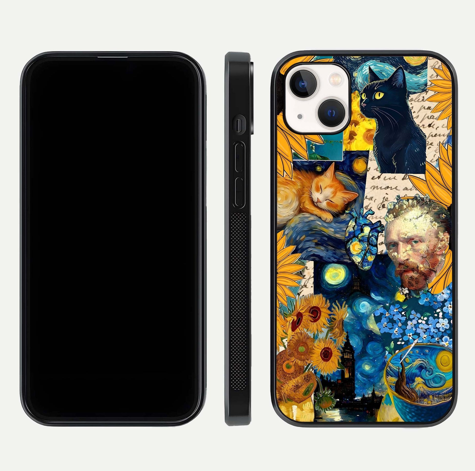 Sunflower Cat Art Glass Case for iPhone 14 Plus front & back layout showing detailed floral cat design and edges