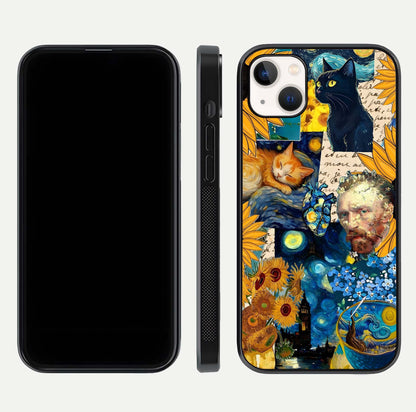 Sunflower Cat Art Glass Case for iPhone 14 Plus front & back layout showing detailed floral cat design and edges