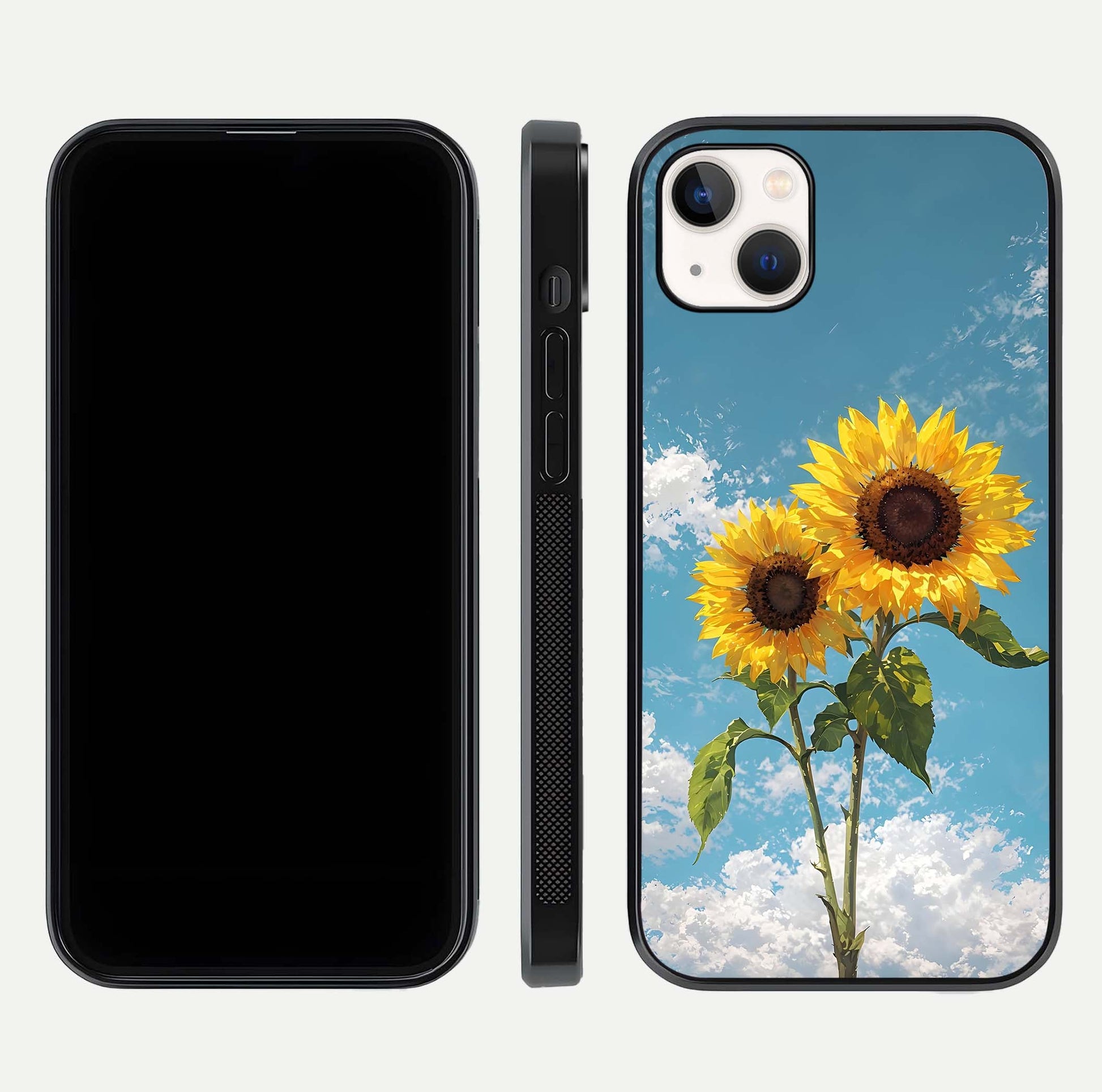 Sunflower Sky Bloom Glass Case for iPhone 14 Plus front & back layout showing soft blue tones and flower contrast
