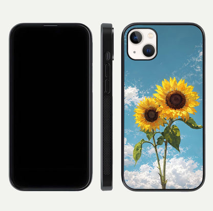 Sunflower Sky Bloom Glass Case for iPhone 14 Plus front & back layout showing soft blue tones and flower contrast