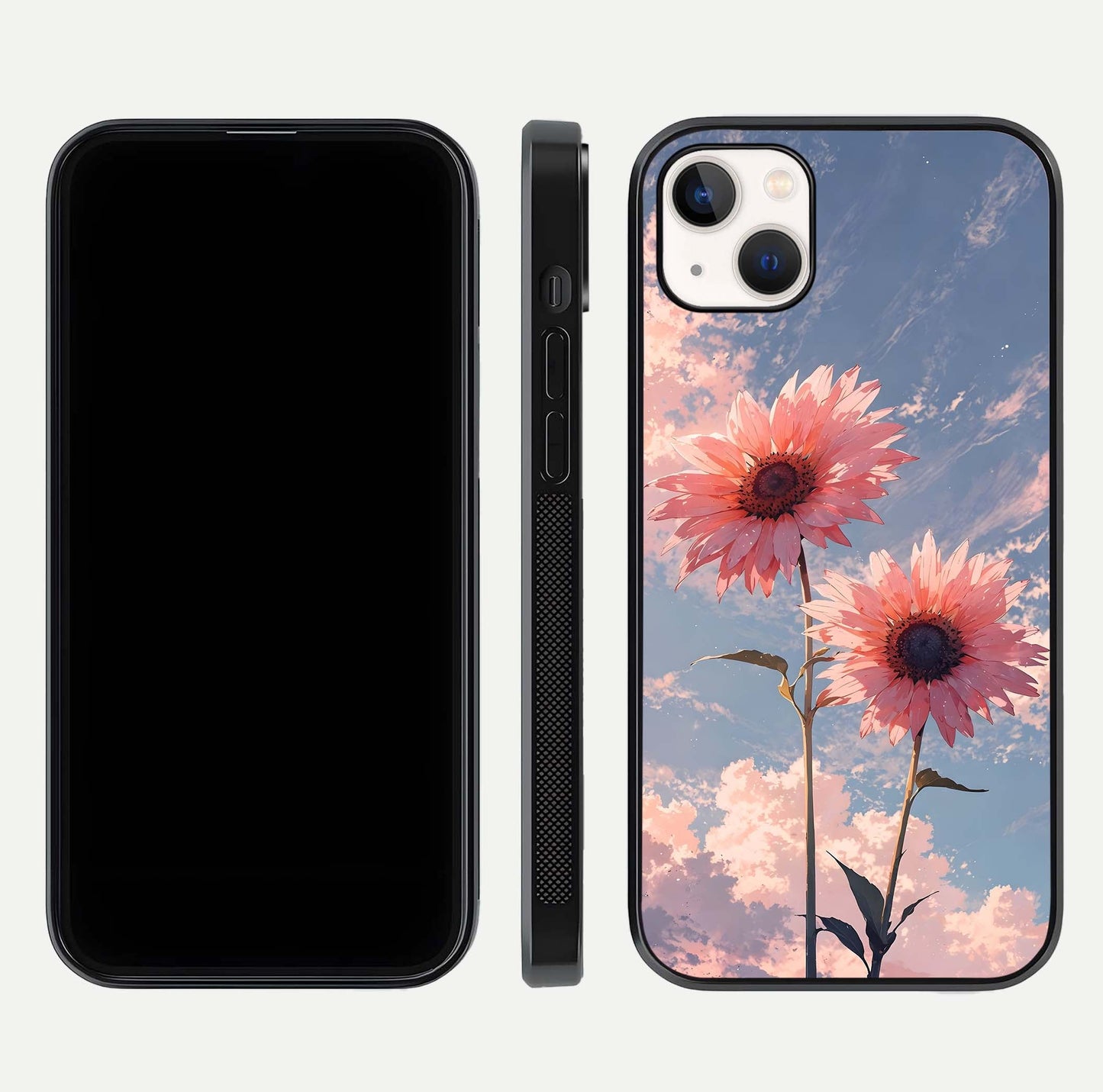 Sunlit Daisy Glow Glass Case for iPhone 14 Plus front & back layout showing vibrant sunlight hues and clean edge