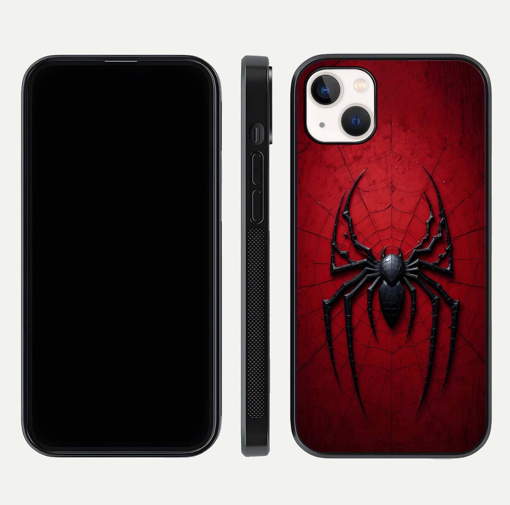 Venom Web Emblem Glass Case for iPhone 14 Plus front & back layout showing contrast art and curved glass edges