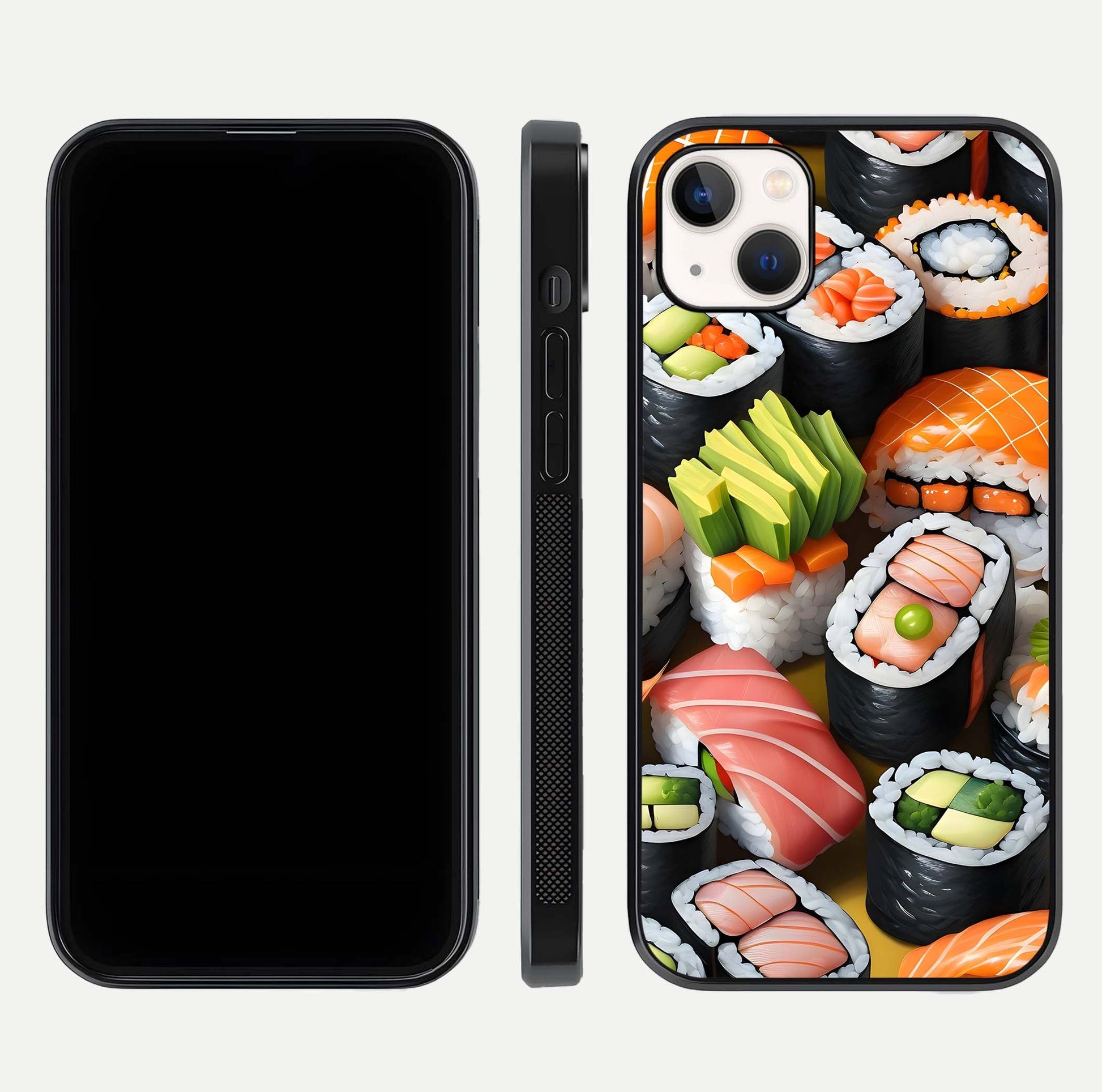 Sushi Food Pattern Glass Case for iPhone 14 Plus front & back layout showing playful food theme and clear edges