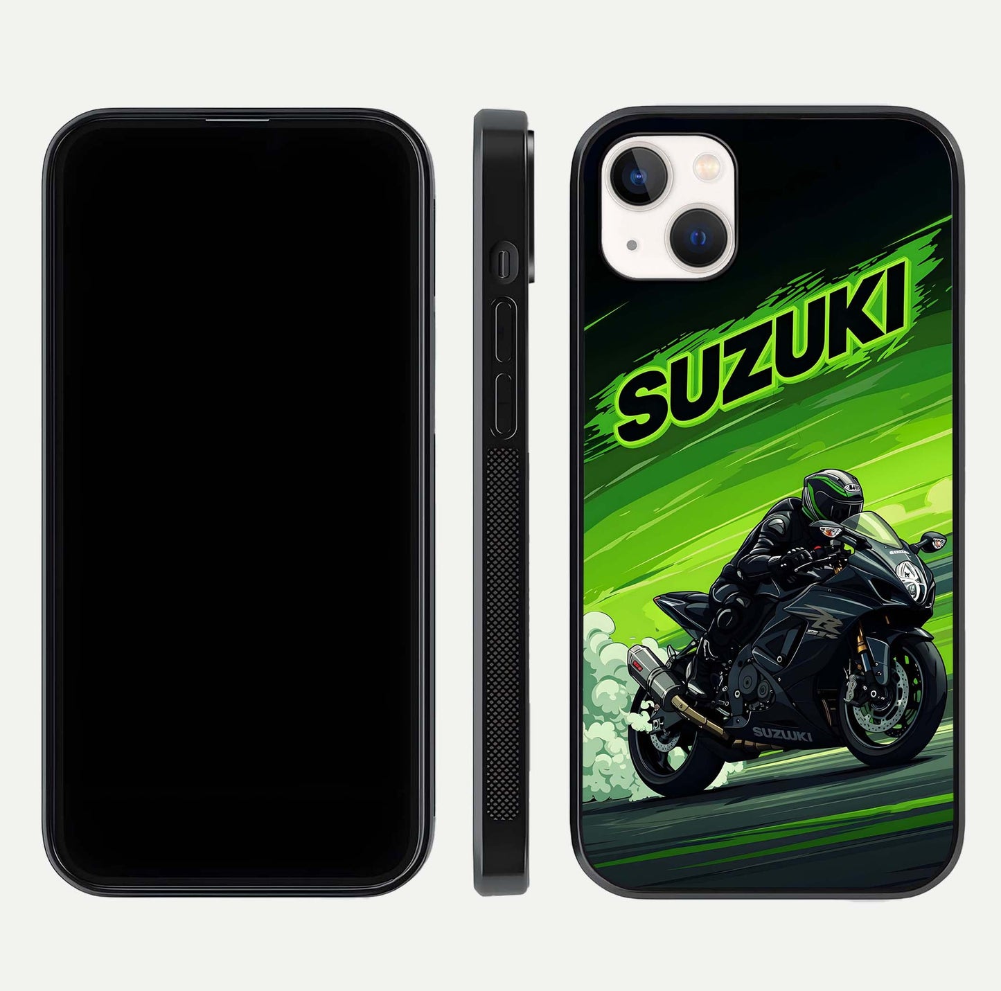 Suzuki Speed Beast Glass Case for iPhone 14 Plus front & back layout showing motion blur and sleek edges