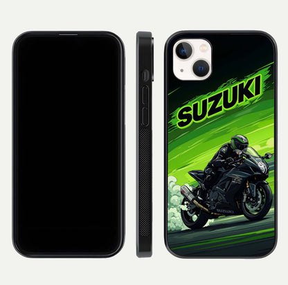 Suzuki Speed Beast Glass Case for iPhone 14 Plus front & back layout showing motion blur and sleek edges