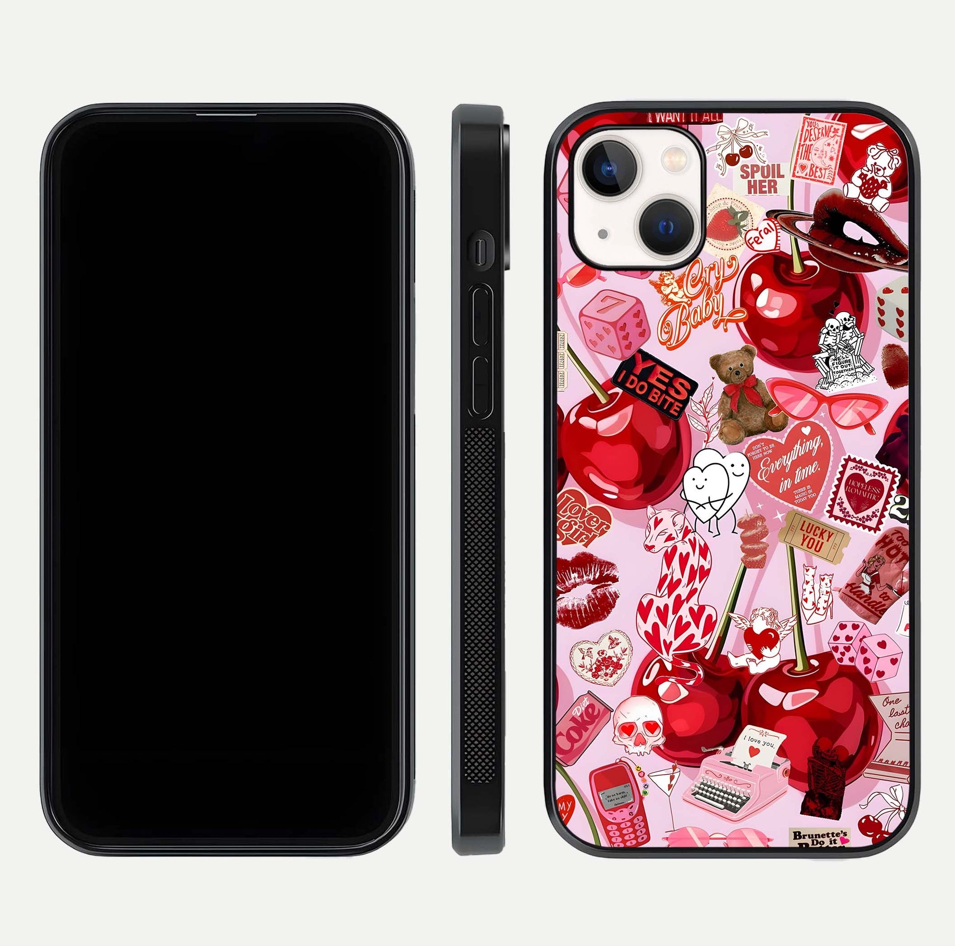 Sweet Cherry Chaos Glass Case for iPhone 14 Plus front & back layout showing vibrant cherries and smooth edges
