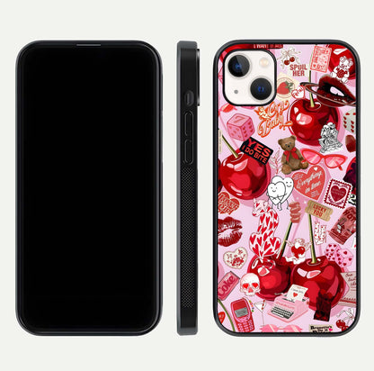 Sweet Cherry Chaos Glass Case for iPhone 14 Plus front & back layout showing vibrant cherries and smooth edges