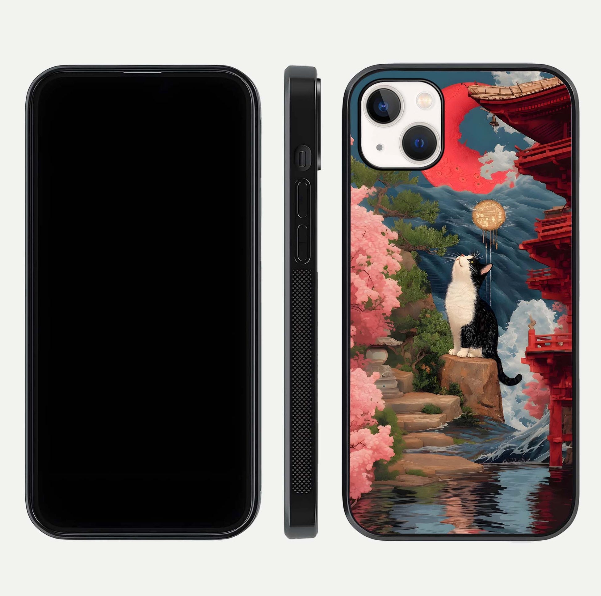 Temple Cat Scenery Glass Case for iPhone 14 Plus front & back layout showing scenic print and edge design