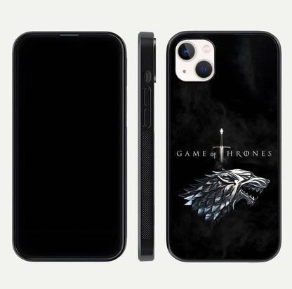 Throne Wolf Legacy Glass Case for iPhone 14 Plus front & back layout showing bold pattern and sharp edge