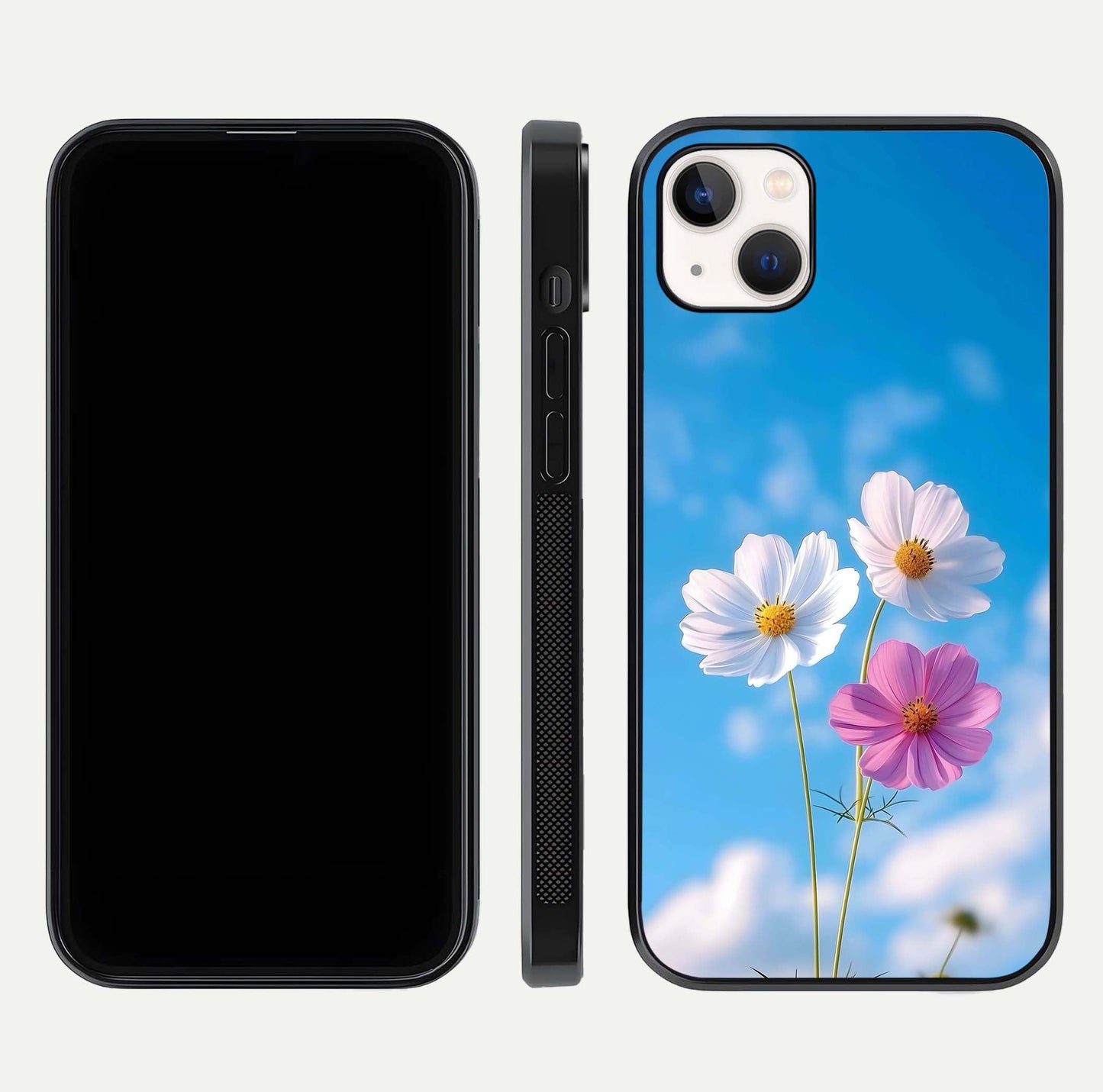Triple Flowers With Sky Glass Case for iPhone 16 Pro front & back layout showing vivid tones and glossy surface