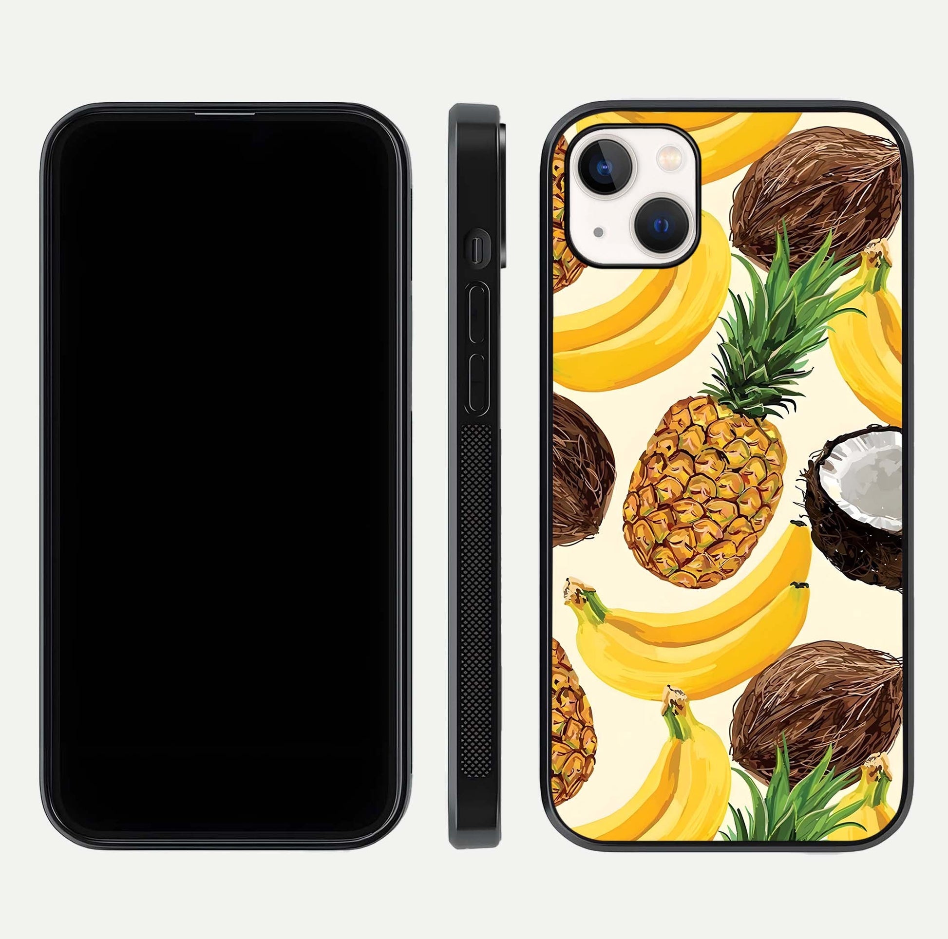 Tropical Fruit Mood Glass Case for iPhone 16 Pro front & back layout showing playful tones and clean edge