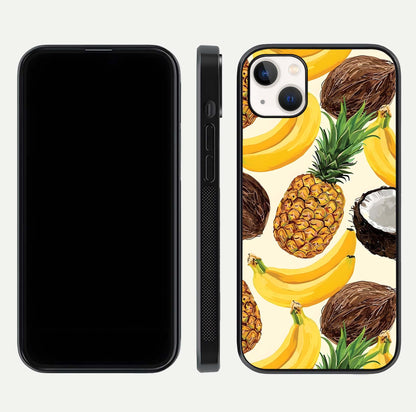 Tropical Fruit Mood Glass Case for iPhone 16 Pro front & back layout showing playful tones and clean edge