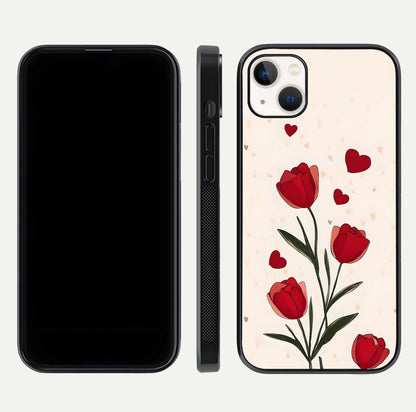 Tulip With Heart Glass Case for iPhone 14 Plus front & back layout showing heart motif and elegant gloss finish