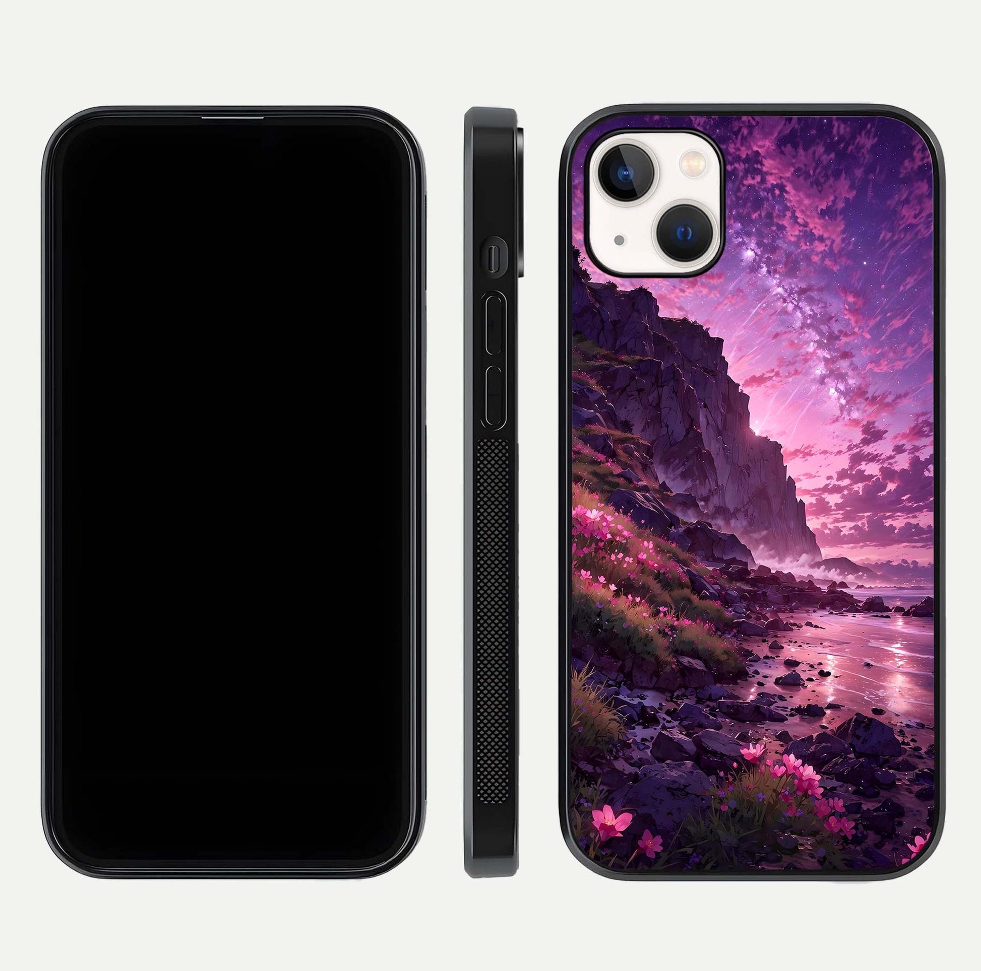 Twilight Blossom Coast Glass Case for iPhone 16 Pro front & back layout showing floral tones and curved edge